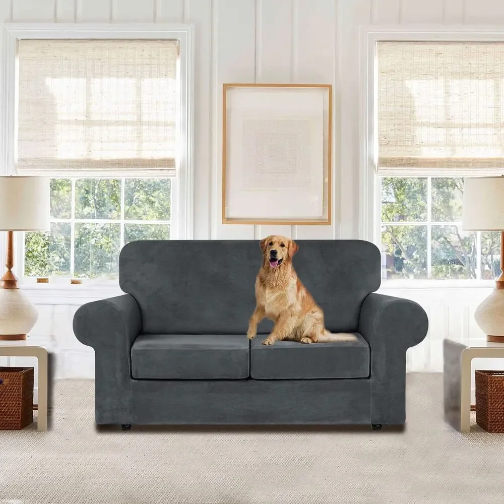 2 Cushion Loveseat Velvet Sofa Slipcover (Dark Grey, 3 Pcs)